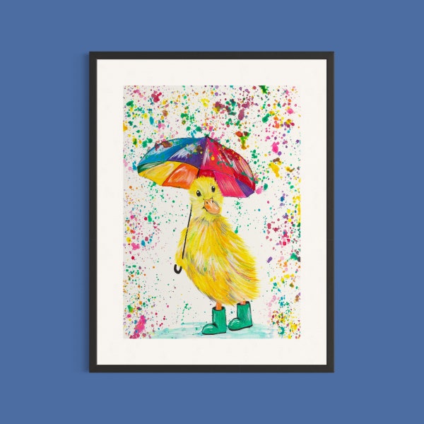 Umbrella Duckling Art Print, Yellow Duck Painting, Duck Gifts, Duck Picture, Farmhouse Decor, Nursery Prints, Bright Rainbow Paintings,
