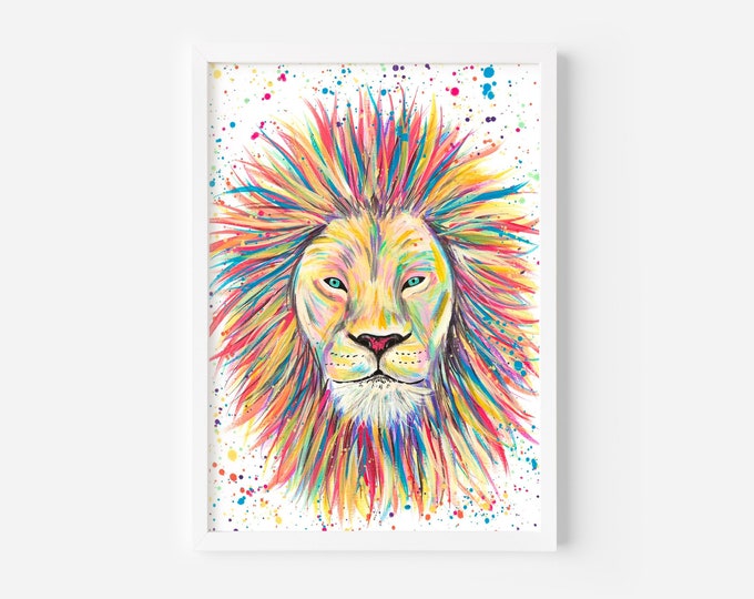 Original Acrylic Lion Painting, Colorful Animal Art, Nursery Decor, A4 Fine Art Paper