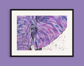 Elephant Art Print ‘Lilah’, Elephant Painting, Colourful Animal Art, African Safari, Nursery Decor, Animal Wall Print, Purple Wall Art