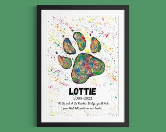 Dog Memorial Art Print, Customised Rainbow Bridge, Pet Paw Print