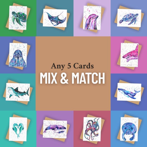Mix and Match Sea Life Cards, Pack of 5