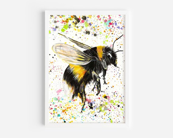 Bumblebee Painting, ’Mr B’, An original Acrylic Painting by Emma LC, Rainbow Colourful Bee Art, Paint Splattered Animal Art