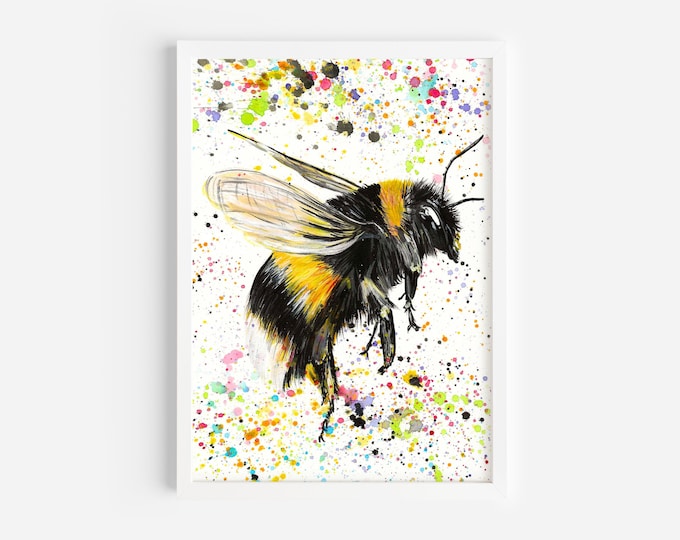 Bumblebee Painting, ’Mr B’, An original Acrylic Painting by Emma LC, Rainbow Colourful Bee Art, Paint Splattered Animal Art