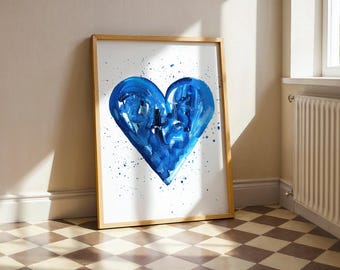 Blue Heart Art Print: Abstract Acrylic Painting, Quirky Wall Decor