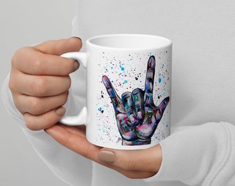 Sign Language, I Love You Mug, White Glossy Mug with ILY Hand Design, Gift Ideas, Coffee Mug,