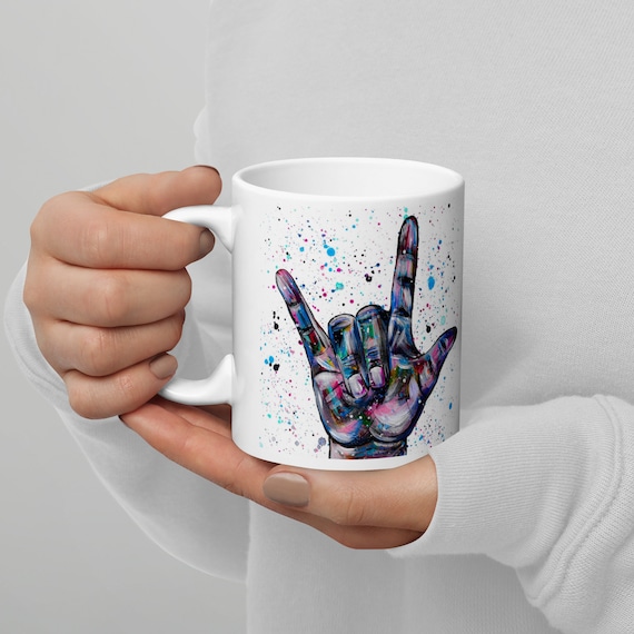 Sign Language, I Love You Mug, White Glossy Mug with ILY Hand Design, Gift Ideas, Coffee Mug,
