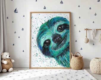 Sloth Art Print: Peek a Boo Colourful animal decor for Kids room or Nursery