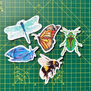 Insect Sticker Pack: Butterfly, Dragonfly, Bee, Beetle, Snail Designs