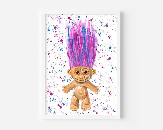 Pink Troll Painting, Original Art, Vintage Inspired, Troll Decor, Wall Art, Nursery Decor, Acrylic Painting, Retro Toy Art, Vintage Toys