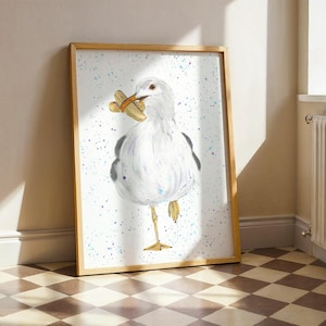 Greedy Seagull Art Print: Funny Animal Painting, Quirky Seaside Beach Decor