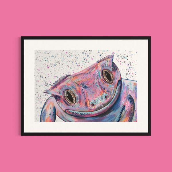 Impression d'art gecko à crête « Mabel », impressions de reptiles, art gecko, peinture animalière colorée, cadeaux gecko, art mural, art audacieux, image originale