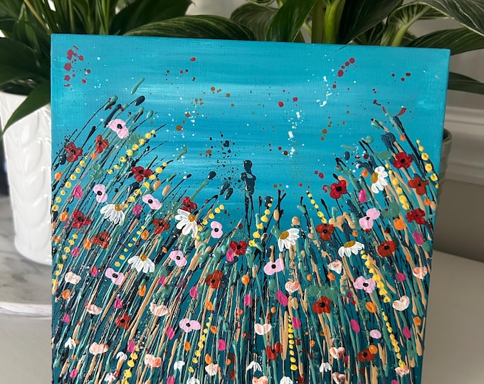 Wildflowers Original Acrylic Painting: Colourful Floral Art, Botanical Wall Decor, Square Canvas Panel Art
