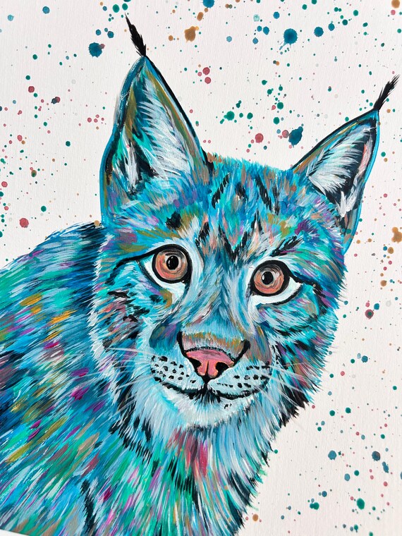 Original Canadian Lynx Painting, Colourful Wildlife Art