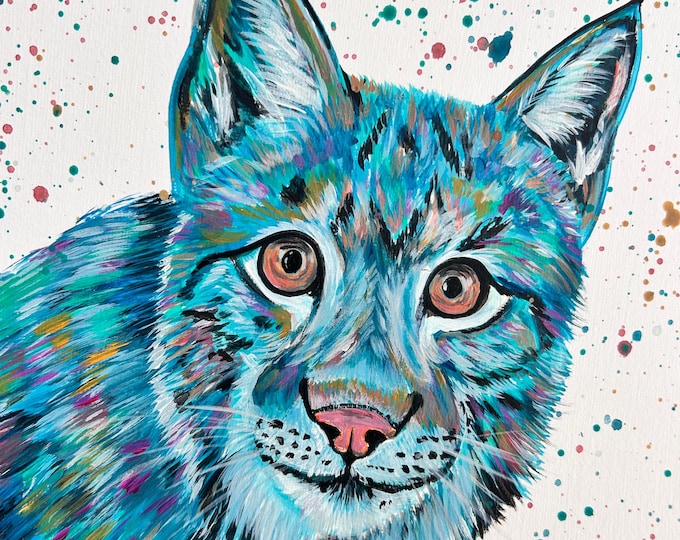 Original Canadian Lynx Painting, Colourful Wildlife Art