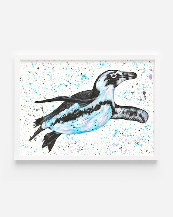 Original Swimming Penguin Painting, ‘Jonah’, Animal Artwork, Penguin Wall Art, Hand Painted, Penguin Gifts, Beautiful Animal Artworks,