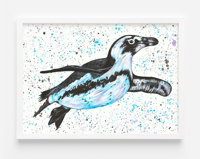 Original Swimming Penguin Painting, ‘Jonah’, Animal Artwork, Penguin Wall Art, Hand Painted, Penguin Gifts, Beautiful Animal Artworks,