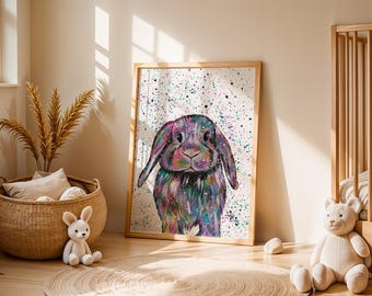 Bunny Art Print: Colourful Whimsical Rabbit Painting, Kids Room Decor