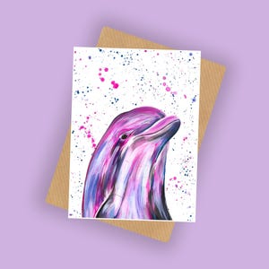 Pink Dolphin Greeting Card ‘Dakota’, A6 10x15cm Blank Inside for any Message, Sea Life Birthday Card, Wildlife Print Card, Ocean Life