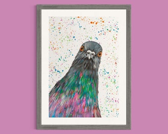 Pigeon Art Print ‘Carter’, Bird Painting, Funny Wall Art, Curious Bird Print, Quirky Prints, Childrens Room, Colourful Animal Art,