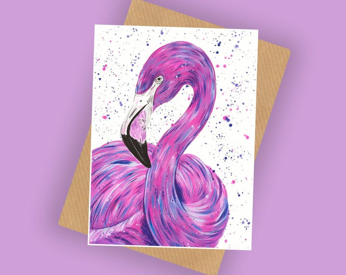 Flamingo Greeting Card ‘Maia’, A6 10x15cm Blank Card, Joyful Card, Pretty Bird, For Her, Card for Mum, Sister, Birthday Card, Pink Flamingo