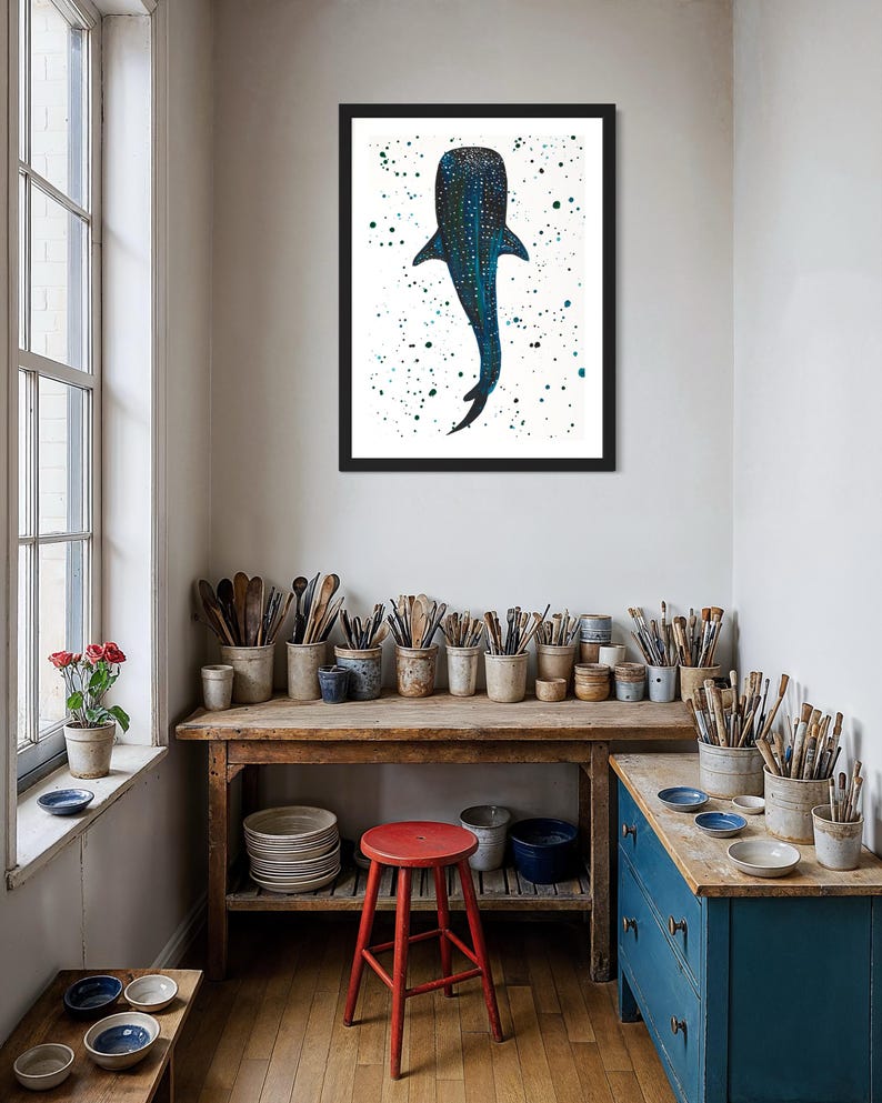 May include: A framed art print featuring a blue whale shark against a white background speckled with dark blue and green dots. The artwork is displayed in a room with a wooden table, red stool, and various art supplies.