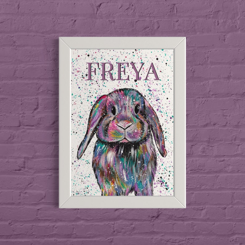 Personalised Bunny Art Print, Custom Name Sign, Colourful Animal Art