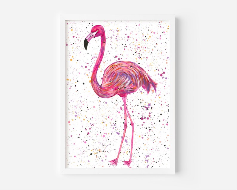 May include: A pink flamingo with a long neck and long legs stands on a white background with colorful splatter paint.