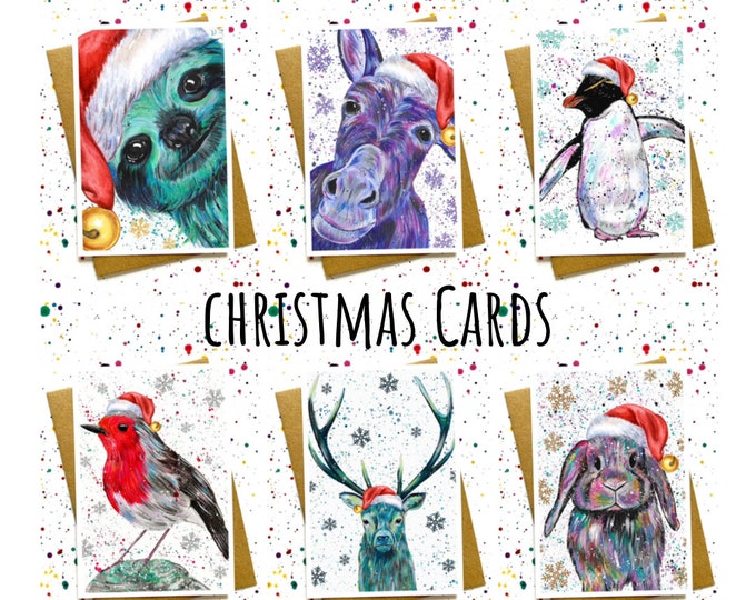 Animal Christmas Cards, Christmas Wildlife Cards, Sloth Card, Donkey Card, Penguin Card, Robin Card, Bunny Card, Stag Card, Funny Christmas