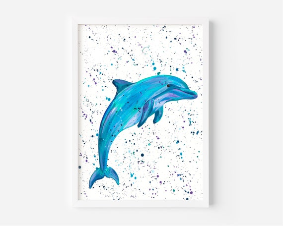 Dolphin Baby Original Acrylic Painting Blue Ocean with Dolphin Painting Dolphin Splashing Art Dolphin Above Water Painting