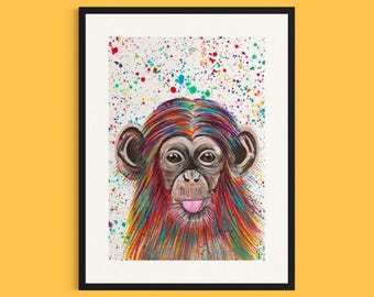 Rainbow Chimp Art Print ‘Oakley’