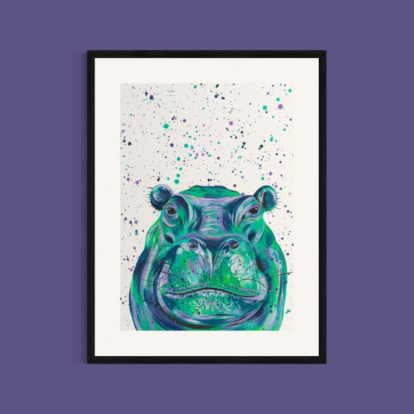Hippo Art Print ‘Ned’, Hippopotamus Painting, Safari Art, Jungle Decor, Nursery Print, Hippo Gifts, Colourful Animal Art, Quirky Decor