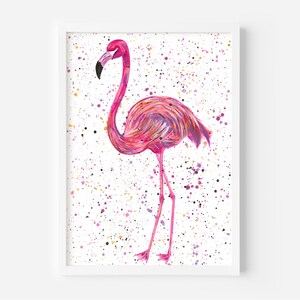 May include: A pink flamingo with a long neck and long legs stands on a white background with colorful splatter paint.