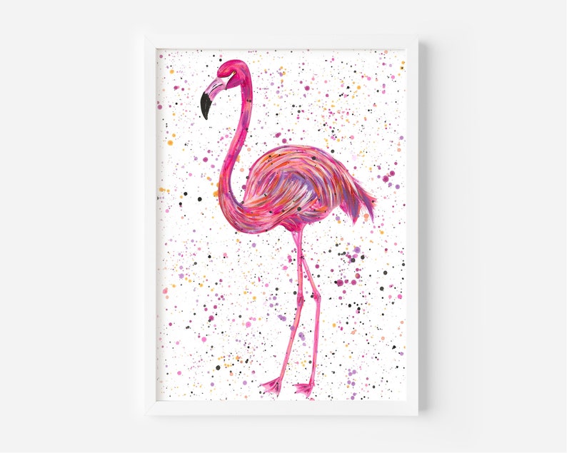 May include: A pink flamingo with a long neck and long legs stands on a white background with colorful splatter paint.
