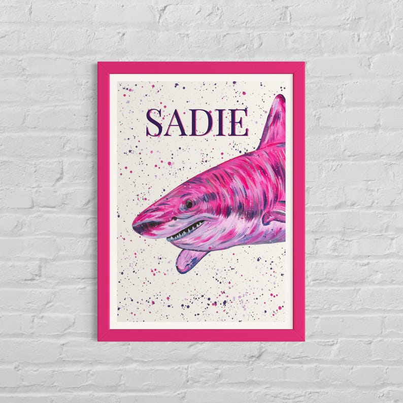 Personalised Pink Shark Art Print, Custom Room Sign, Any Text