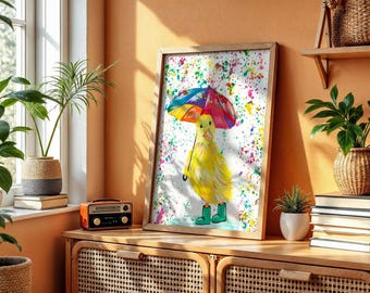 Duckling Art Print: Rainbow Umbrella, Nursery Decor