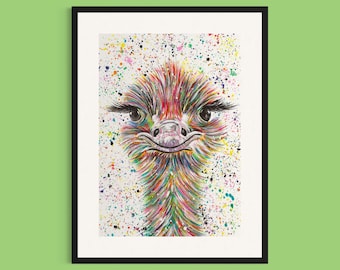 Ostrich Art Print ‘Esmeralda’, Quirky Animal Art, Wildlife Art, Animal Art, Colourful Animal Painting, Funny Picture, Kids Room Artwork,