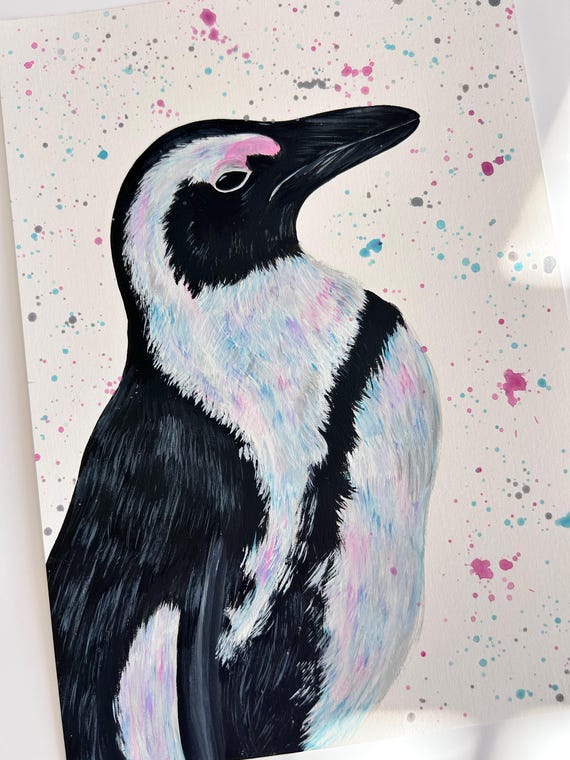 Original Penguin Painting, Hand Painted Animal Artwork, Penguin Wall Art
