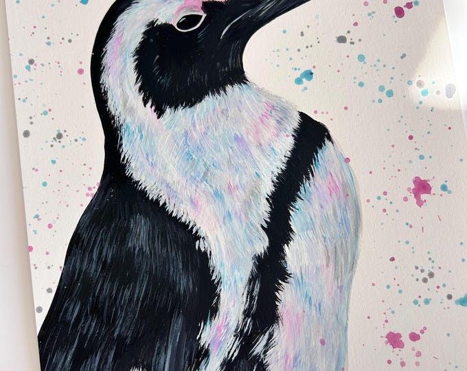 Original Penguin Painting, Hand Painted Animal Artwork, Penguin Wall Art