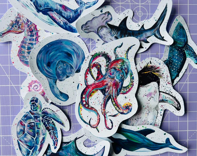 Sea Life Sticker Pack, 10 Designs, Animal Stickers, Marine Life, Decal Pack, Wildlife Artist