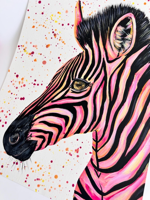 Original Acrylic Pink Zebra Painting, Colourful Animal Art, Nursery Decor, A4 Fine Art Paper