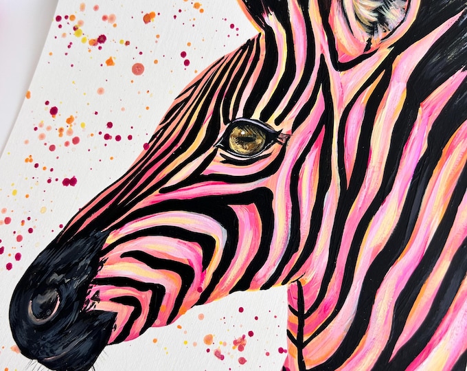 Original Acrylic Pink Zebra Painting, Colourful Animal Art, Nursery Decor, A4 Fine Art Paper
