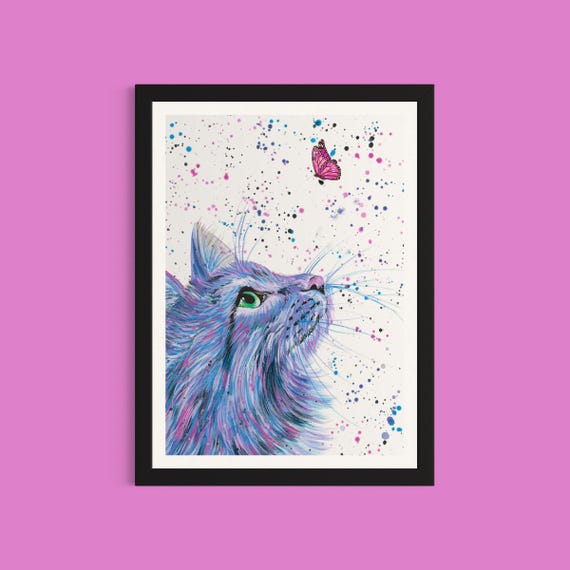 Cat Art Print ‘Delilah’ with a Butterly or Bee (You Choose)