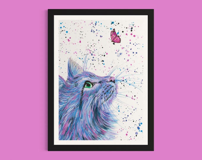 Cat Art Print ‘Delilah’ with a Butterly or Bee (You Choose)