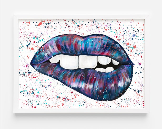Colourful Biting Lip Painting, An Original Abstract Colourful Acrylic Painting by Emma LC, Original Art, Unique Painting, Bitten Lip