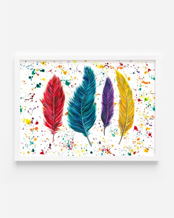 Four Feathers Original Painting, Hand Painted Acrylic Art, Bird Art, Colourful Wall Art, Bohemian Decor, Boho Artwork, Feathers Painting