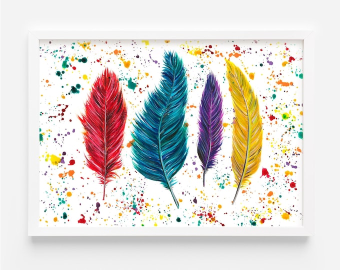 Four Feathers Original Painting, Hand Painted Acrylic Art, Bird Art, Colourful Wall Art, Bohemian Decor, Boho Artwork, Feathers Painting