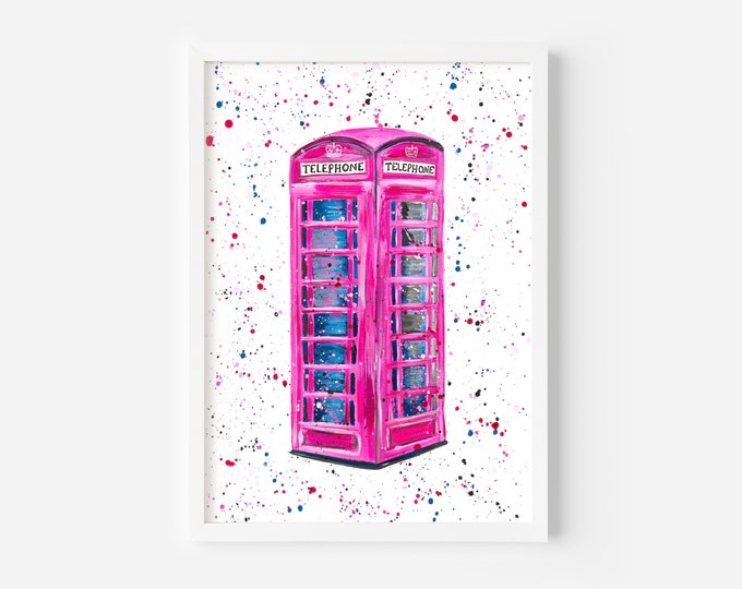 Original Acrylic Painting, Pink London Phone Box, A4 Art, Colourful Splatter Decor