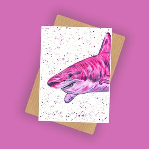 Pink Shark Greeting Card ‘Ellie’, A6 10x15cm Blank Card, Card for Kids, Sea Life Card, Birthday Card, Wildlife Print Card, Cool Shark Card