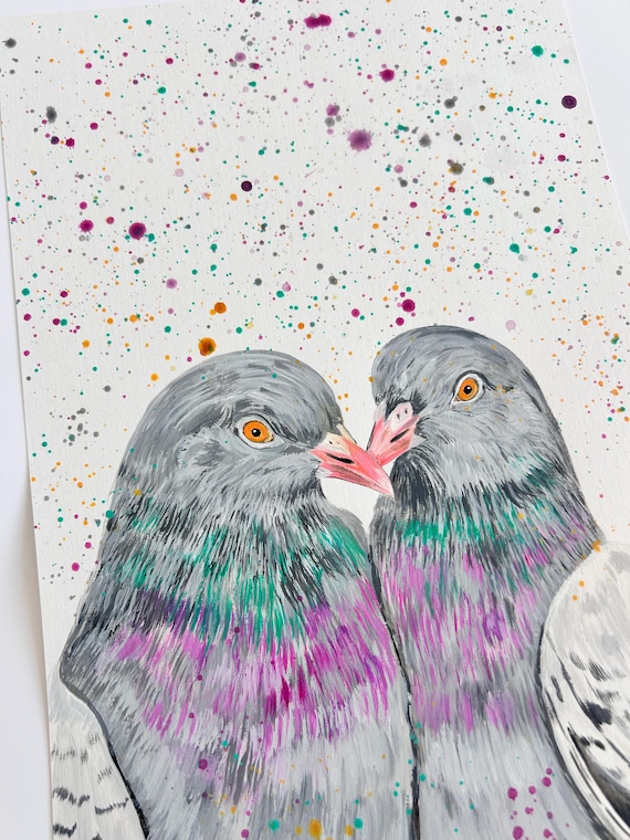 Pigeon Lovers Original Painting, Bird Wall Art, Couples Gift, Anniversary Gift, Home Decor,