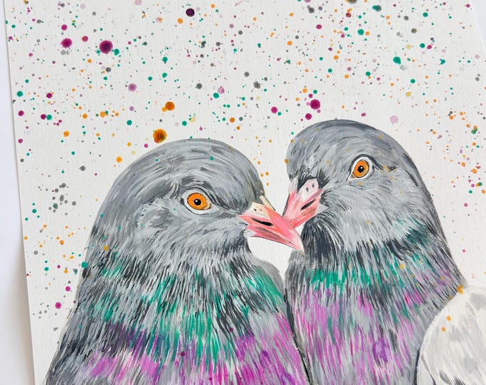 Pigeon Lovers Original Painting, Bird Wall Art, Couples Gift, Anniversary Gift, Home Decor,